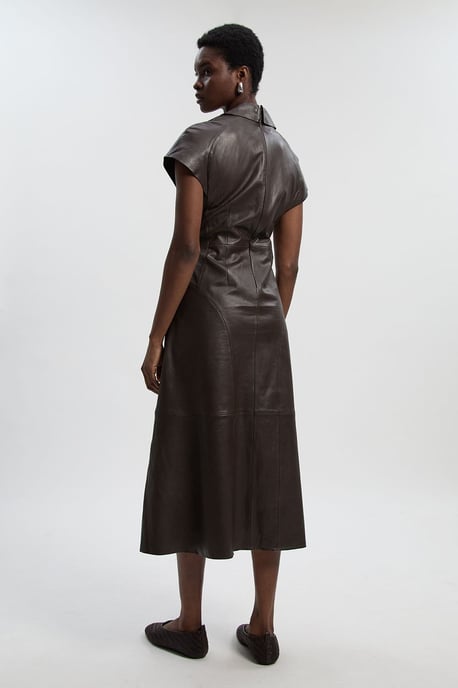 Leather Collared Tailored Midi Dress - Image 5
