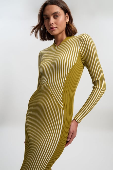 Stripe Fitted Long Sleeve Knitted Midi Dress - Image 1