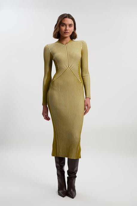 Stripe Fitted Long Sleeve Knitted Midi Dress - Image 2