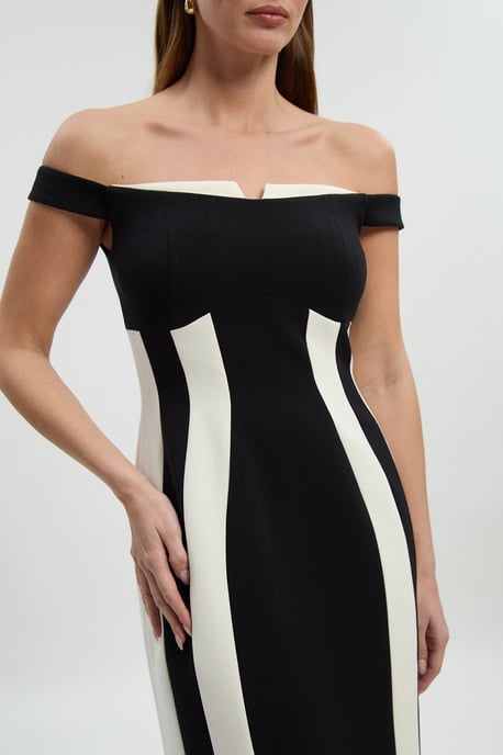 Compact Stretch Colour Block Tailored Bardot Midi Dress - Image 3