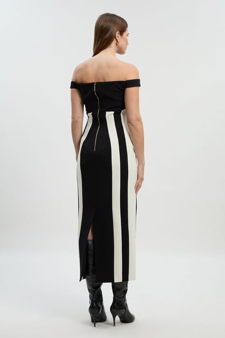 Compact Stretch Colour Block Tailored Bardot Midi Dress - Image 4