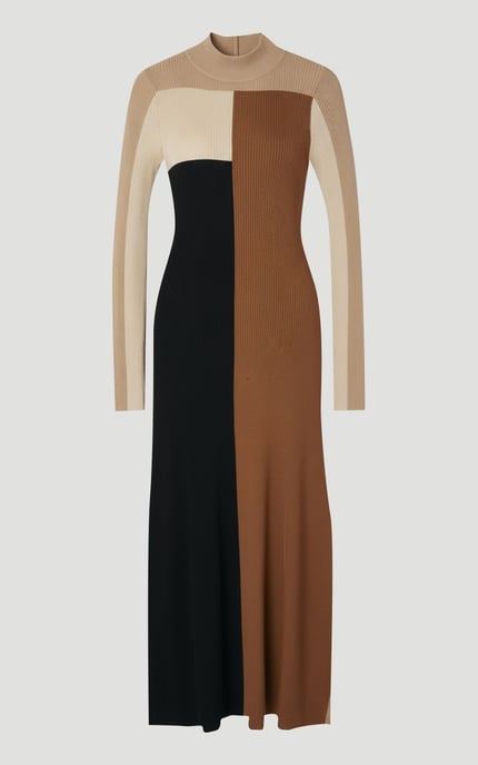 Slinky Viscose Colour Block Full Skirted Knit Midi Dress - Image 4