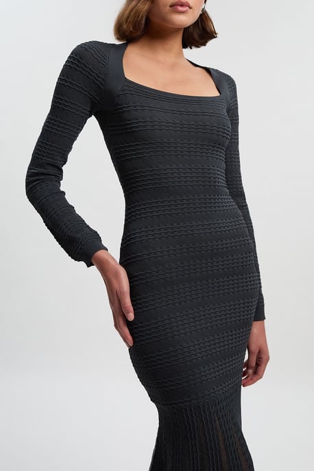 Pointelle Stitch Detail Sheer Panel Knit Midi Dress - Image 2