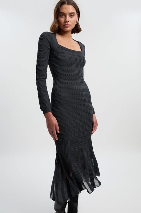 Pointelle Stitch Detail Sheer Panel Knit Midi Dress - Image 3