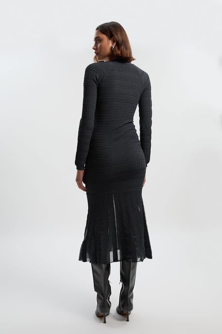 Pointelle Stitch Detail Sheer Panel Knit Midi Dress - Image 5