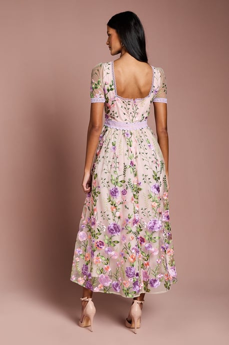Petite Lace Trim Detail Embroidered Mesh Midi Dress - Image 3