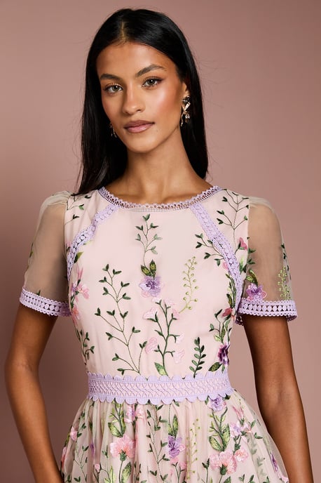 Petite Lace Trim Detail Embroidered Mesh Midi Dress - Image 4