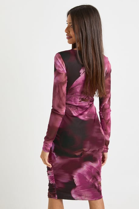 Square Neck Ruched Mesh Midi Bodycon Dress - Image 2