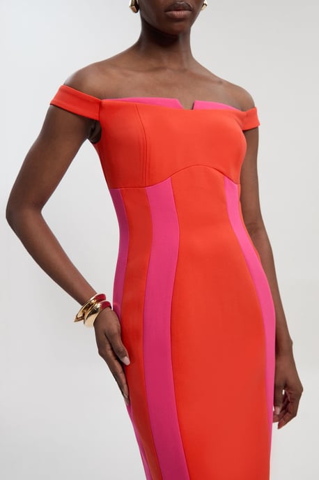 Compact Stretch Colour Block Tailored Bardot Midi Dress - Image 3