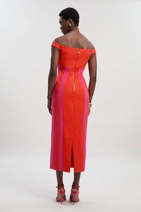 Compact Stretch Colour Block Tailored Bardot Midi Dress - Image 4