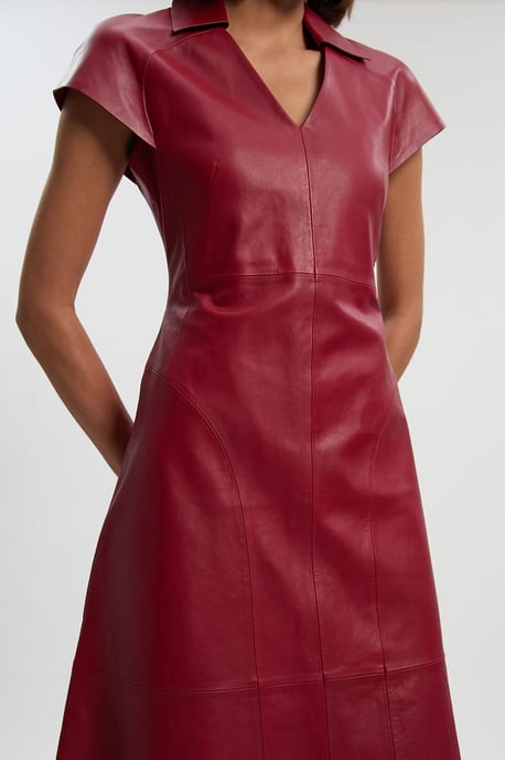 Leather Collared Tailored Midi Dress - Image 3