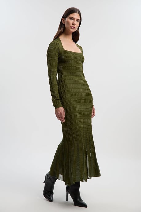 Pointelle Stitch Detail Sheer Panel Knit Midi Dress - Image 2