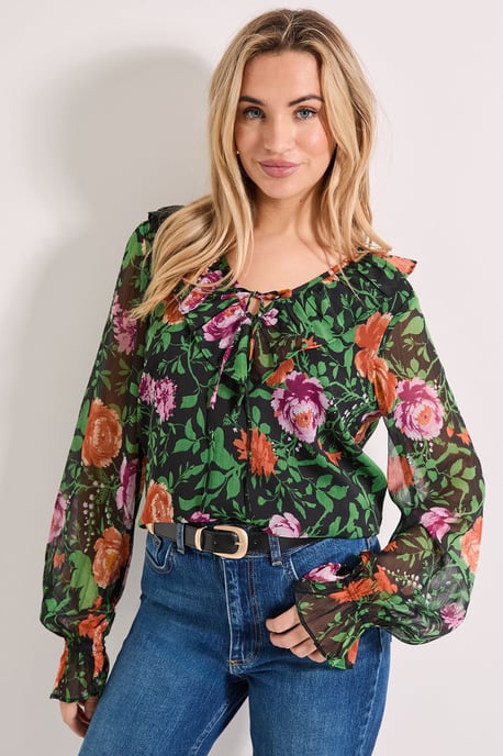 Ruffle Tie Front Long Sleeve Printed Chiffon Blouse - Image 1