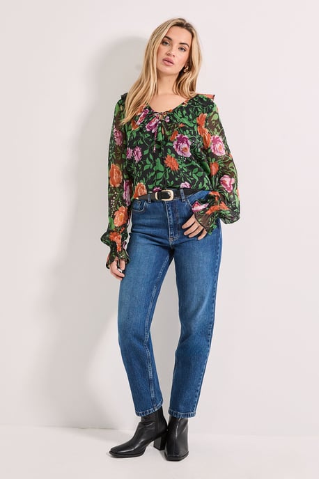 Ruffle Tie Front Long Sleeve Printed Chiffon Blouse - Image 2