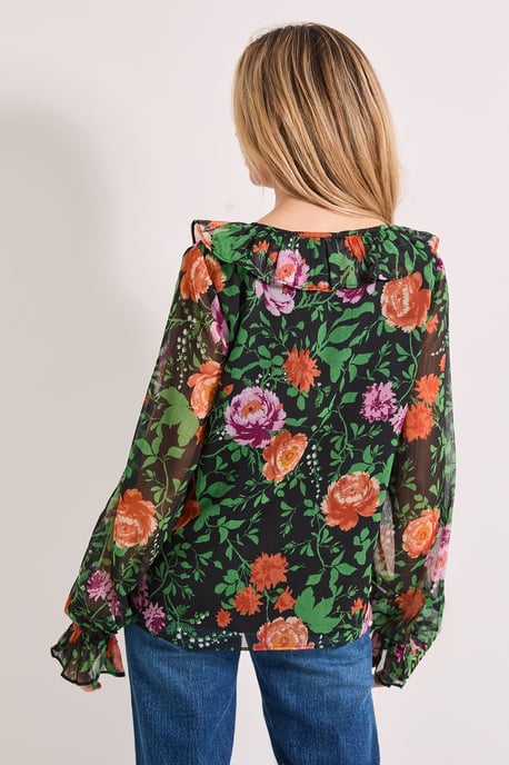 Ruffle Tie Front Long Sleeve Printed Chiffon Blouse - Image 3