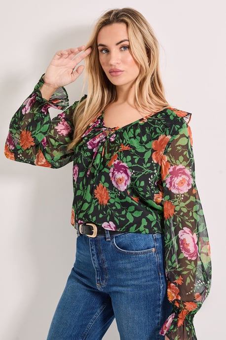 Ruffle Tie Front Long Sleeve Printed Chiffon Blouse - Image 4