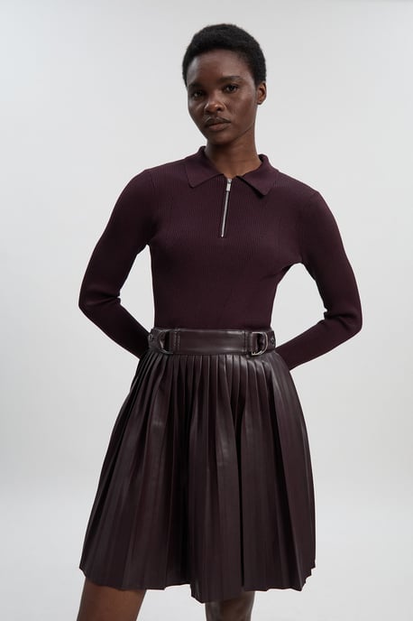 Knitted Zip Neck Pu Mix Pleated Mini Dress - Image 1