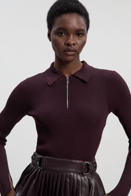Knitted Zip Neck Pu Mix Pleated Mini Dress - Image 2