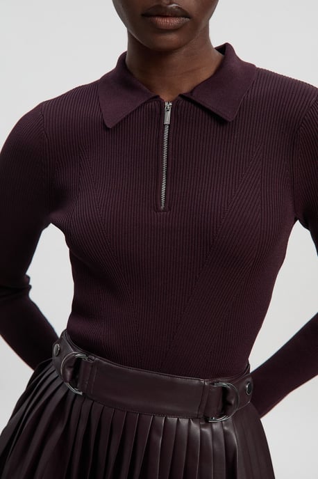 Knitted Zip Neck Pu Mix Pleated Mini Dress - Image 3