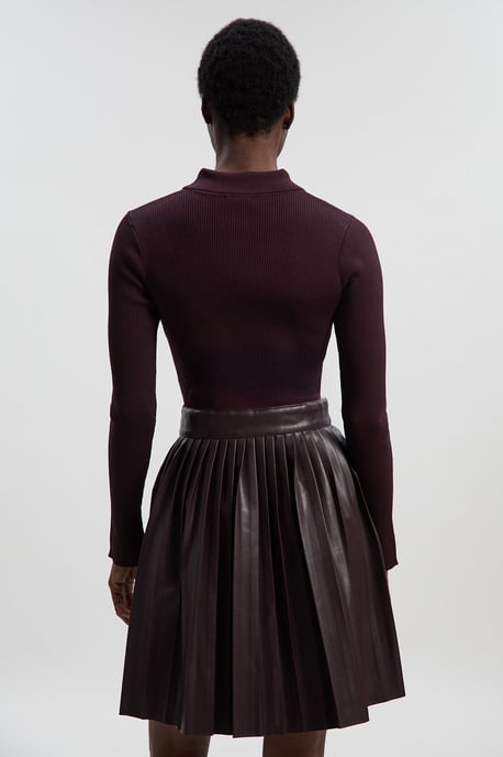 Knitted Zip Neck Pu Mix Pleated Mini Dress - Image 4