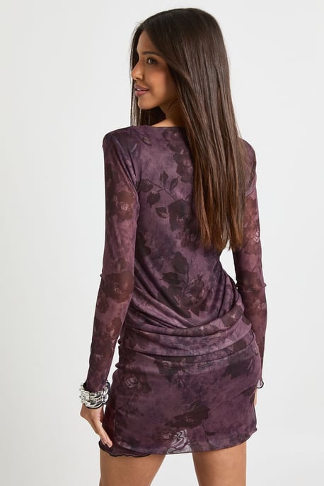 Floral Mesh Drape Waist Detail Mini Dress - Image 2
