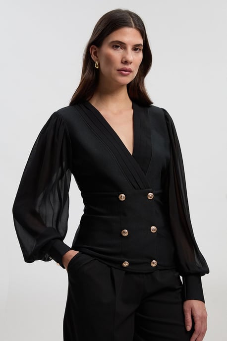 Figure Form Woven Mix Military Button Blazer Knit Top - Image 1