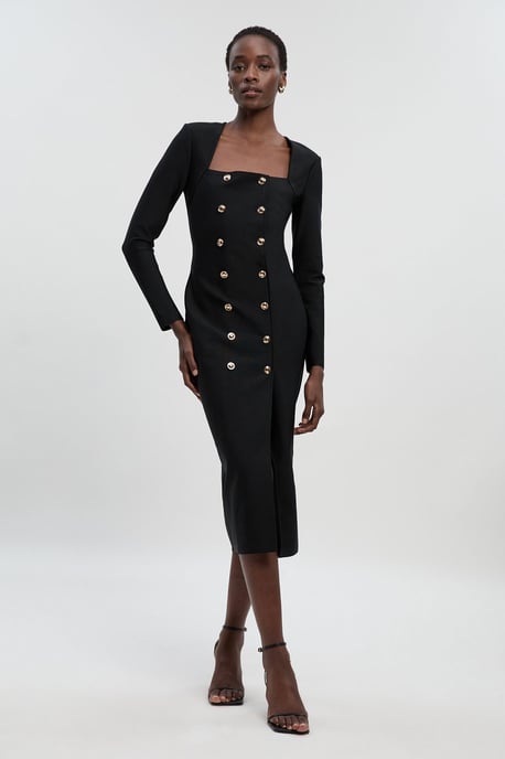 Figure Form Woven Mix Military Button Blazer Knit Midi Dress - Image 1