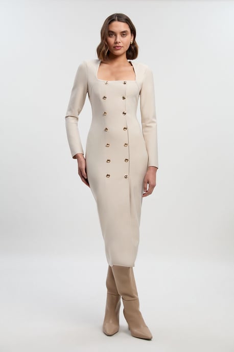 Figure Form Woven Mix Military Button Blazer Knit Midi Dress - Image 1