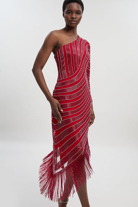 Petite Thigh high Split Embellished Woven Fringed Midi Dress - Image 1