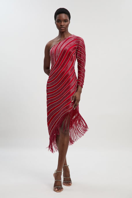 Petite Thigh high Split Embellished Woven Fringed Midi Dress - Image 2