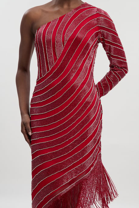 Petite Thigh high Split Embellished Woven Fringed Midi Dress - Image 3
