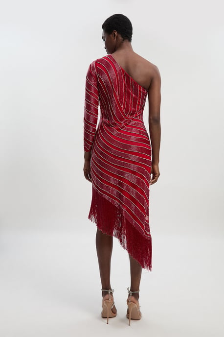 Petite Thigh high Split Embellished Woven Fringed Midi Dress - Image 4