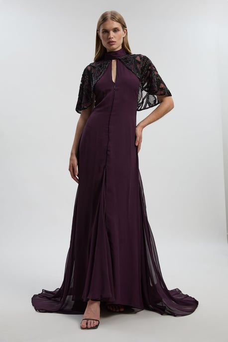Crystal Embellished Cutwork Cape Detail Woven Maxi Dress - Image 1