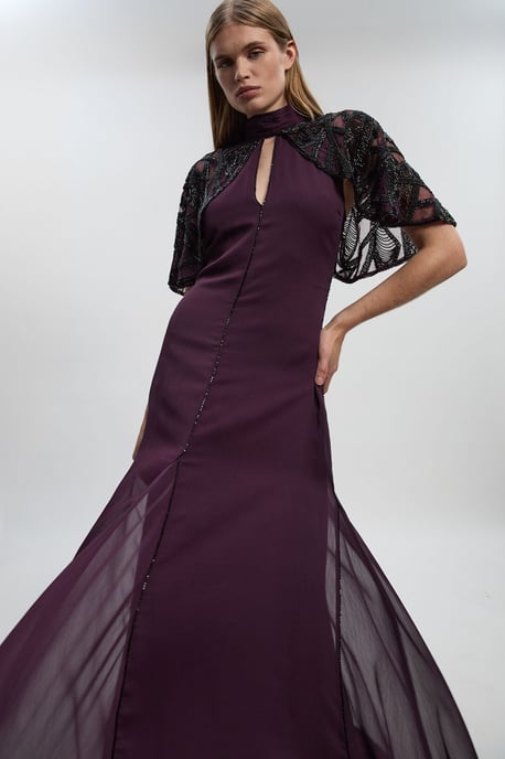 Crystal Embellished Cutwork Cape Detail Woven Maxi Dress - Image 2