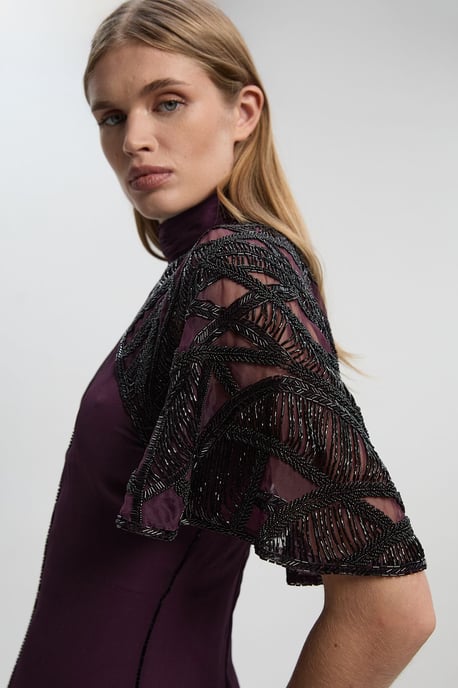 Crystal Embellished Cutwork Cape Detail Woven Maxi Dress - Image 3