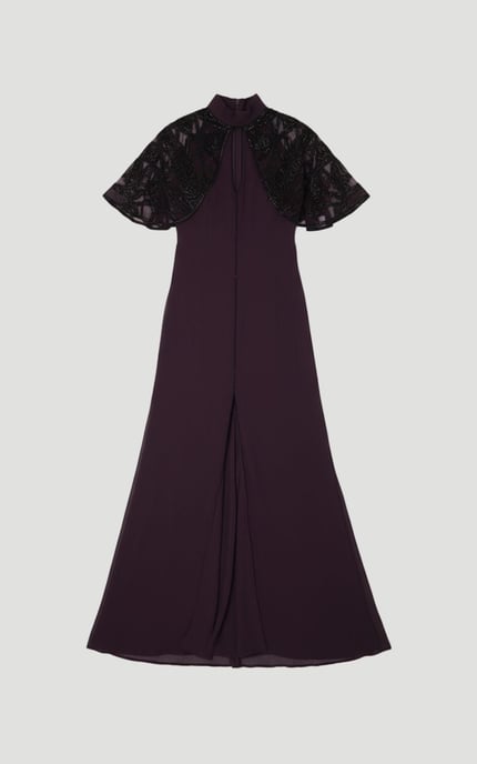 Crystal Embellished Cutwork Cape Detail Woven Maxi Dress - Image 4
