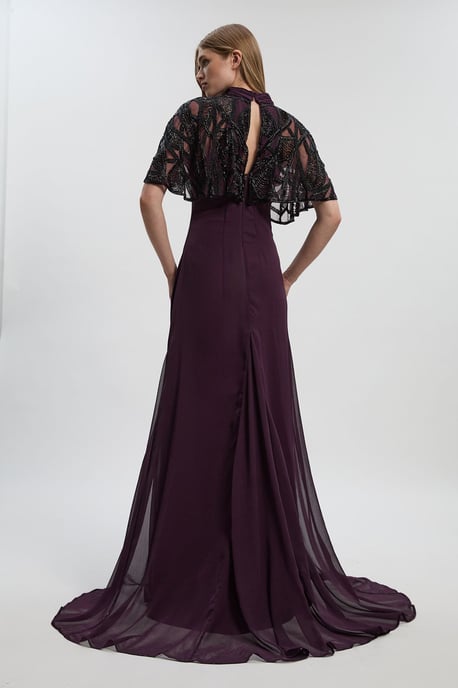 Crystal Embellished Cutwork Cape Detail Woven Maxi Dress - Image 5
