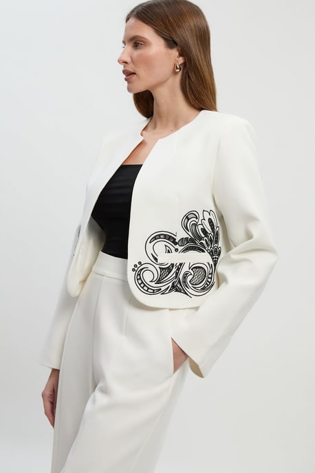 Tailored Cutwork Detail Collarless Jacket - Image 2