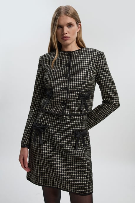Tailored Tweed Bow Detail Collarless Jacket - Image 1