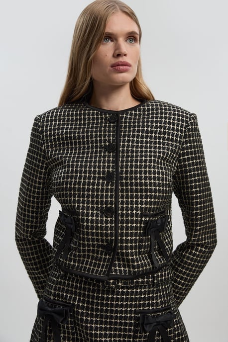 Tailored Tweed Bow Detail Collarless Jacket - Image 2