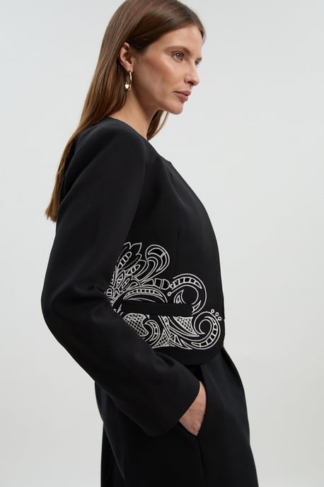 Tailored Cutwork Detail Collarless Jacket - Image 1