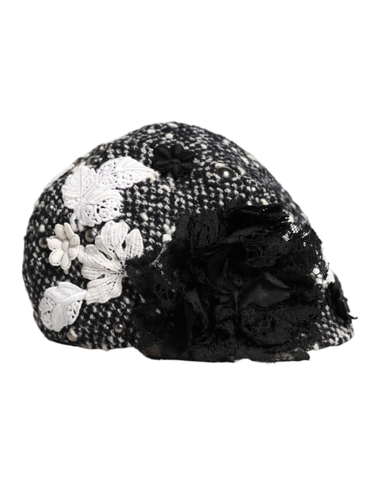Zwart Wol Witte Bloem Versierde Cloche Hoed - Image 2