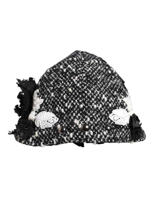 Zwart Wol Witte Bloem Versierde Cloche Hoed - Image 3