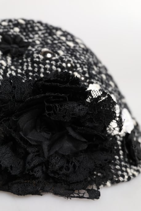 Zwart Wol Witte Bloem Versierde Cloche Hoed - Image 5