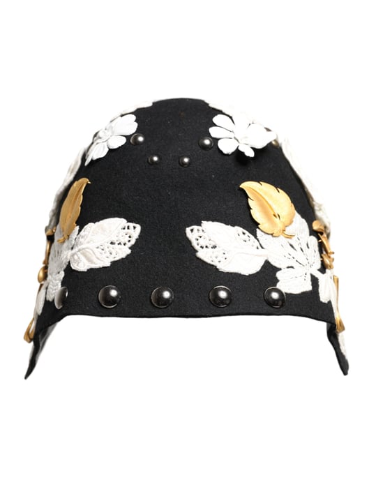 Zwarte Wol Witte Bloemen Gouden Blad Cloche Hoed - Image 3