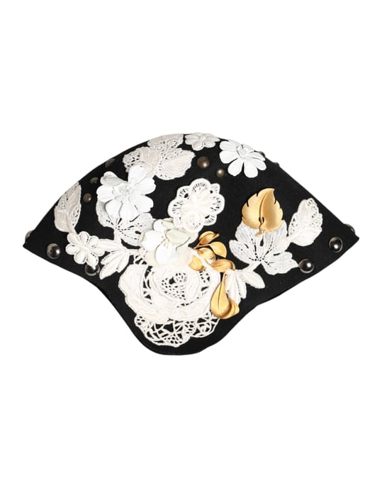 Zwarte Wol Witte Bloemen Gouden Blad Cloche Hoed - Image 4