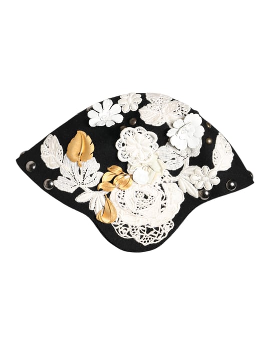 Zwarte Wol Witte Bloemen Gouden Blad Cloche Hoed - Image 5