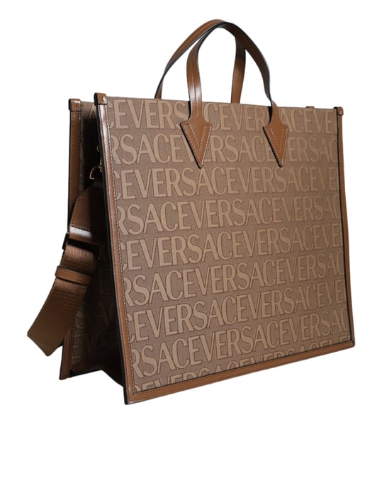 Bruine Top Handle Jacquard Leren Logo Crossbody Tote Bag - Image 3
