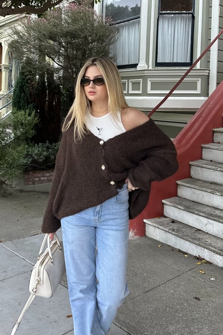 Fluffy V Neck Gold Button Up Soft Chunky Cardigan - Image 2