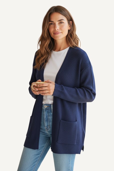 Navy Ribbed Open Front Cardigan - Image 1